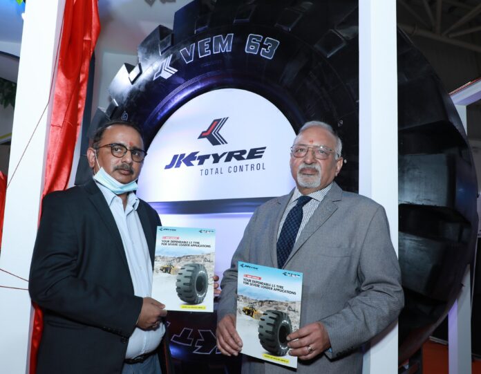 Mr. Srinivasu Allaphan, Director-Sales & Marketing, JK Tyre with Mr. VK Misra, Technical Director, JK Tyre & Industries at the launch of their new range of OTR tyres at Excon 2021 in Bangalore
