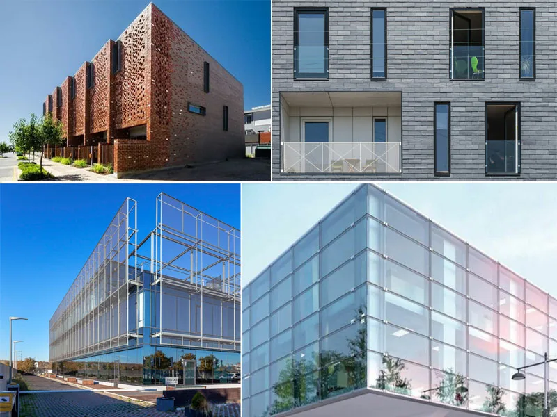 Different materials used for building facades and cladding