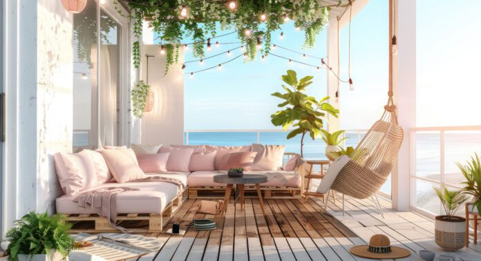 The wooden terrace of the house is decorated with white wood pallets, surrounded by green plants and flowers. The terrace has large sliding doors that open up to reveal an outdoor dining area and loun