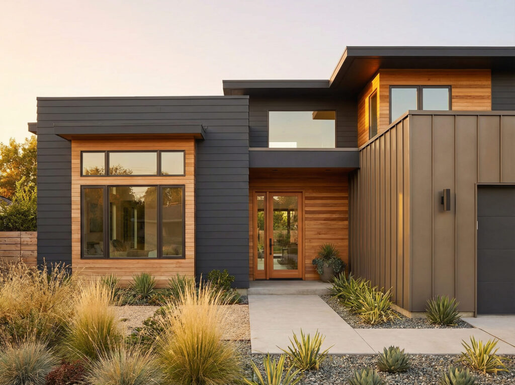 A contemporary house featuring a combination of dark fiber cement siding,
natural wood panels, and standing seam metal cladding.