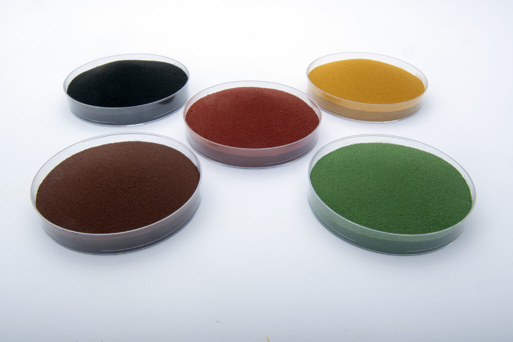 Bayferrox pigments made from iron oxide (black, brown, red, yellow) and chromium oxide (green)